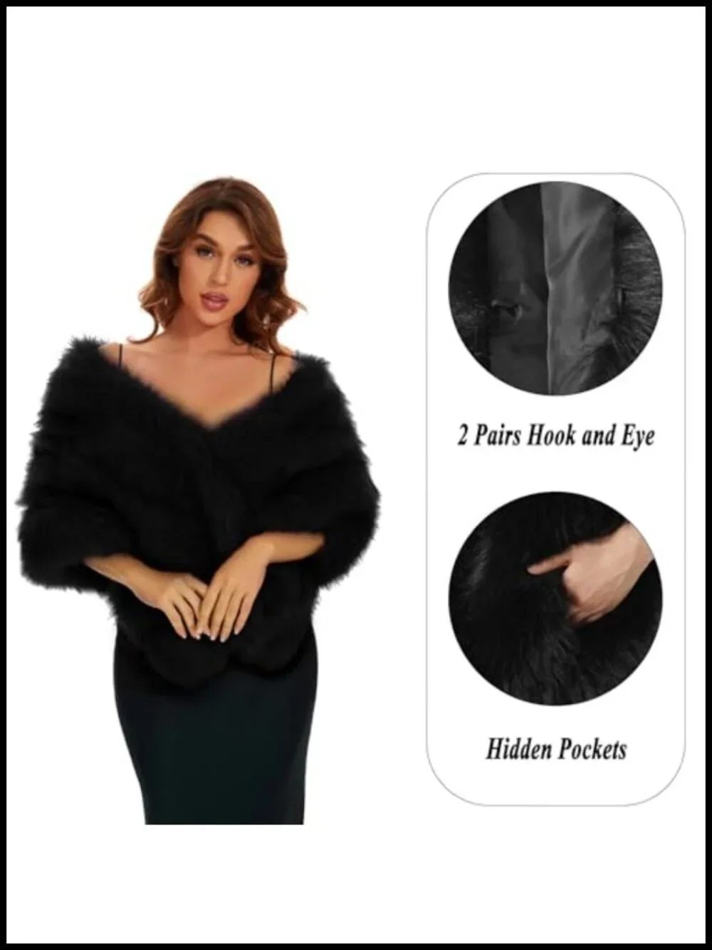 Faux Fur Shawl with Hidden Pockets for Wedding Bride Evening Party Warm Cape